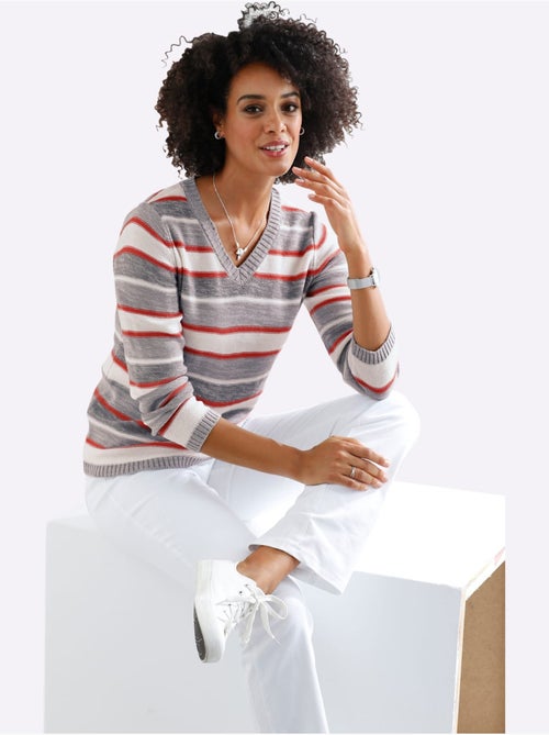 Pull à rayures avec col en V et manches longues - Taille standard - Moda Vilona - Kiabi