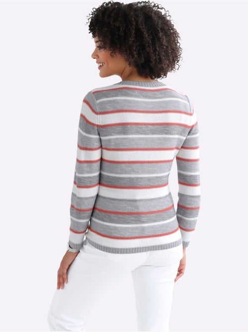 Pull à rayures avec col en V et manches longues - Taille standard - Moda Vilona - Kiabi