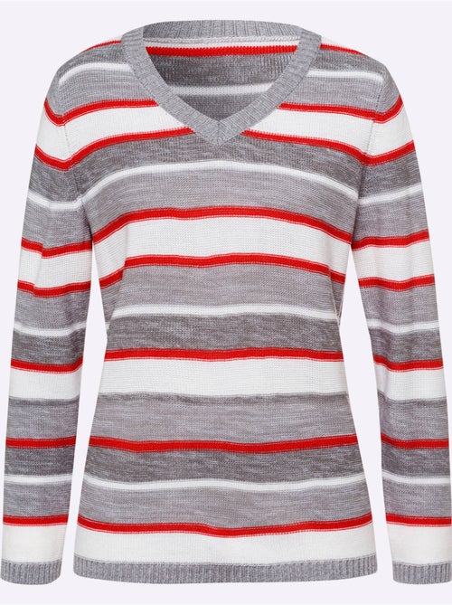 Pull à rayures avec col en V et manches longues - Taille standard - Moda Vilona - Kiabi