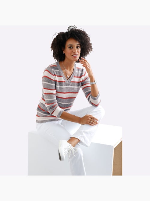 Pull à rayures avec col en V et manches longues - Taille standard - Moda Vilona - Kiabi