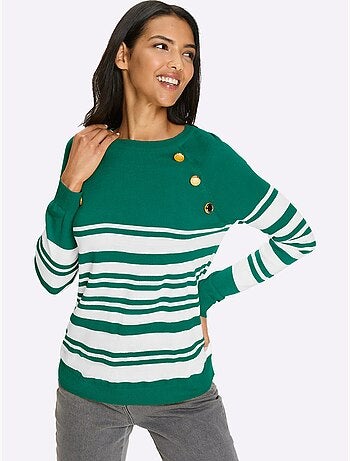 Pull à rayures avec manches raglan et boutons décoratifs - Taille standard - Moda Vilona