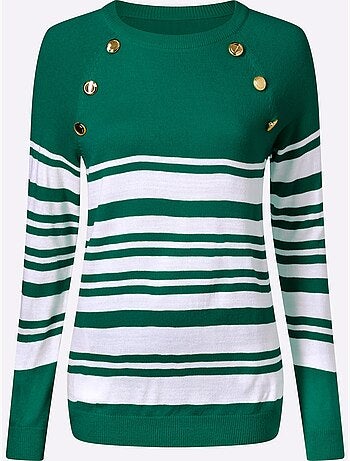 Pull à rayures avec manches raglan et boutons décoratifs - Taille standard - Moda Vilona