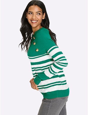 Pull à rayures avec manches raglan et boutons décoratifs - Taille standard - Moda Vilona