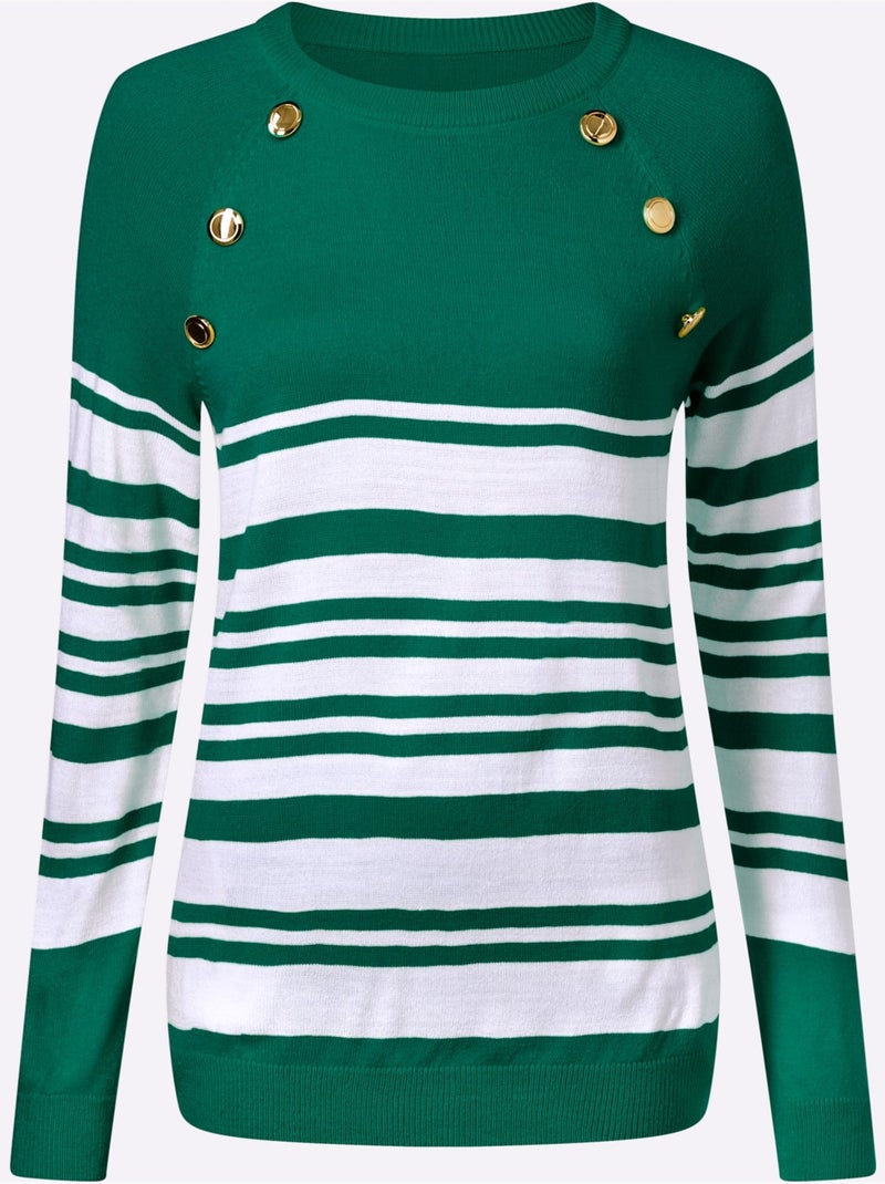 Pull à rayures avec manches raglan et boutons décoratifs - Taille standard - Moda Vilona Blanc Vert - Kiabi