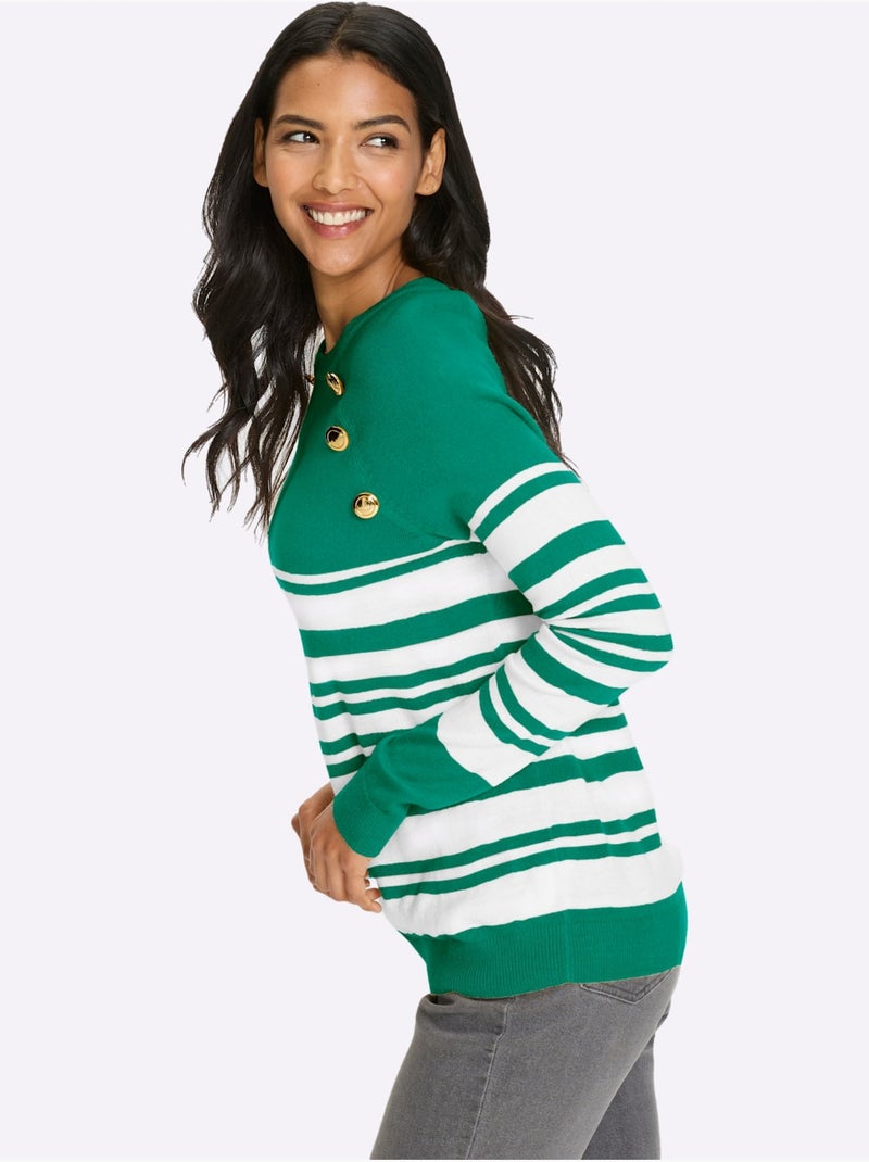 Pull à rayures avec manches raglan et boutons décoratifs - Taille standard - Moda Vilona Blanc Vert - Kiabi
