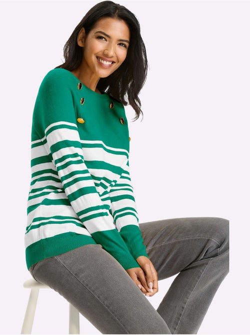 Pull à rayures avec manches raglan et boutons décoratifs - Taille standard - Moda Vilona - Kiabi Pull à rayures avec manches raglan et boutons décoratifs - Taille standard - Moda Vilona - Kiabi