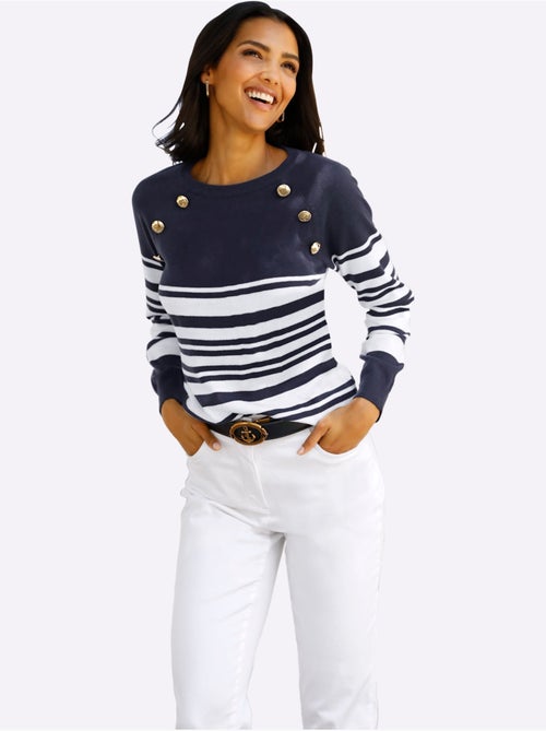 Pull à rayures avec manches raglan et boutons décoratifs - Taille standard - Moda Vilona - Kiabi