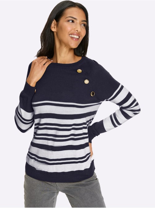 Pull à rayures avec manches raglan et boutons décoratifs - Taille standard - Moda Vilona - Kiabi