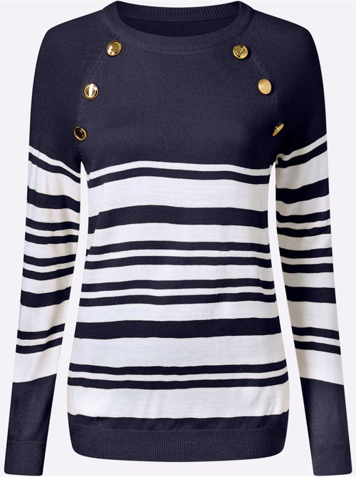 Pull à rayures avec manches raglan et boutons décoratifs - Taille standard - Moda Vilona - Kiabi