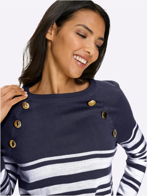 Pull à rayures avec manches raglan et boutons décoratifs - Taille standard - Moda Vilona - Kiabi