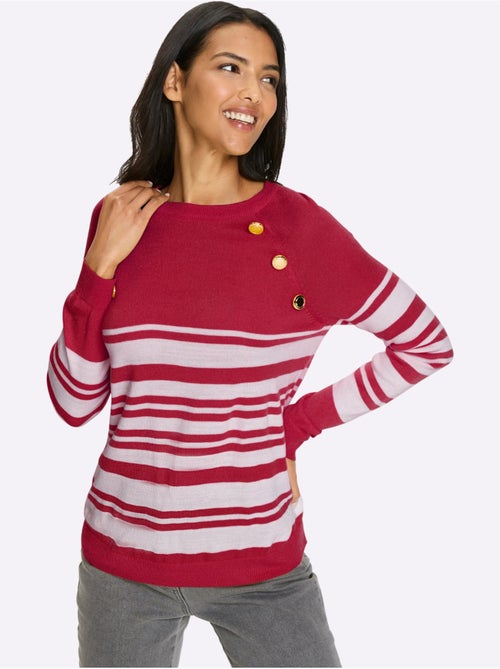 Pull à rayures avec manches raglan et boutons dorés decoratifs - Taille standard - Moda Vilona - Kiabi Pull à rayures avec manches raglan et boutons dorés decoratifs - Taille standard - Moda Vilona - Kiabi