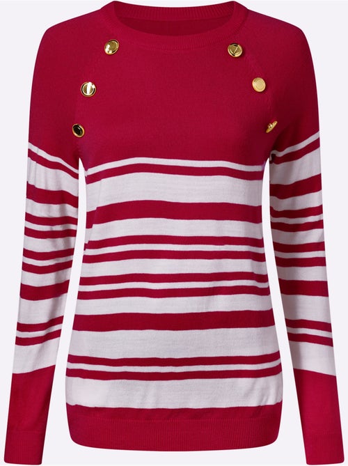 Pull à rayures avec manches raglan et boutons dorés decoratifs - Taille standard - Moda Vilona - Kiabi Pull à rayures avec manches raglan et boutons dorés decoratifs - Taille standard - Moda Vilona - Kiabi