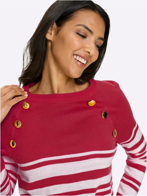 Pull à rayures avec manches raglan et boutons dorés decoratifs - Taille standard - Moda Vilona - Kiabi Pull à rayures avec manches raglan et boutons dorés decoratifs - Taille standard - Moda Vilona - Kiabi