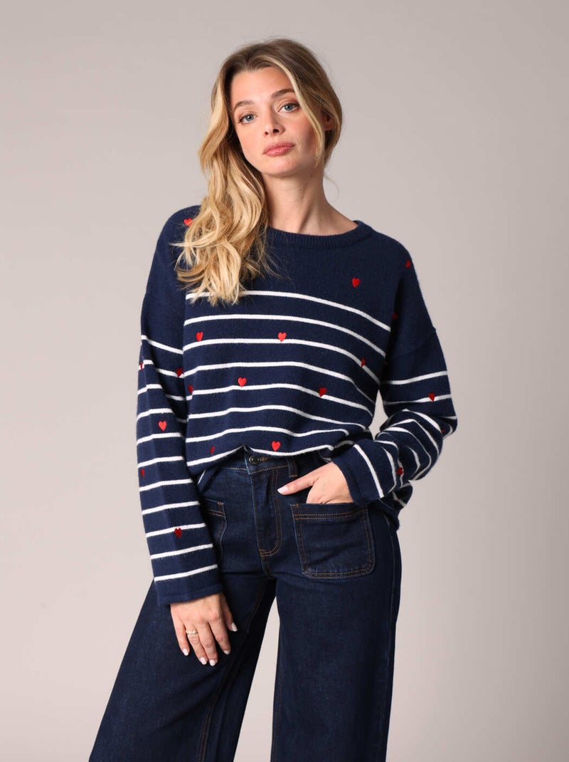 Pull à rayures avec petits cœurs brodés 'Deeluxe' Bleu marine - Kiabi