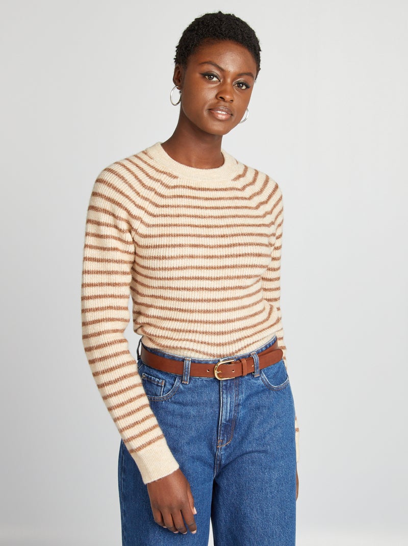 Pull à rayures Beige - Kiabi