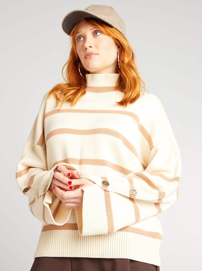 Pull à rayures col montant Beige - Kiabi