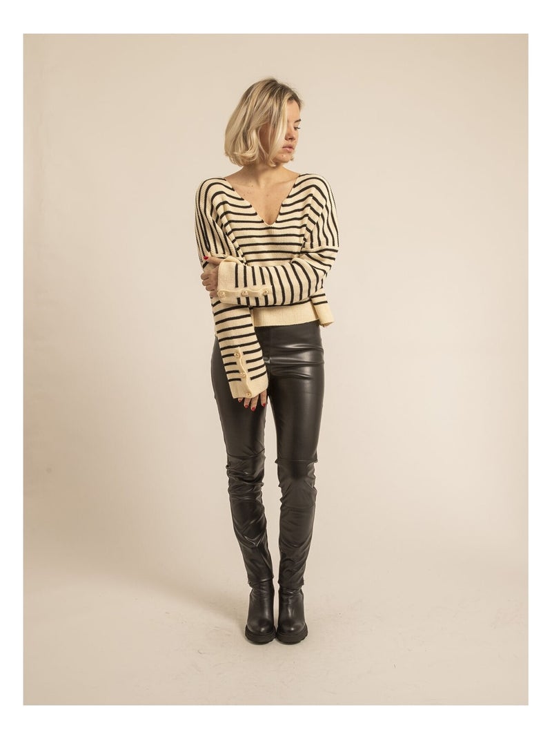 Pull à rayures col V KAPUCINE Ecru - Kiabi