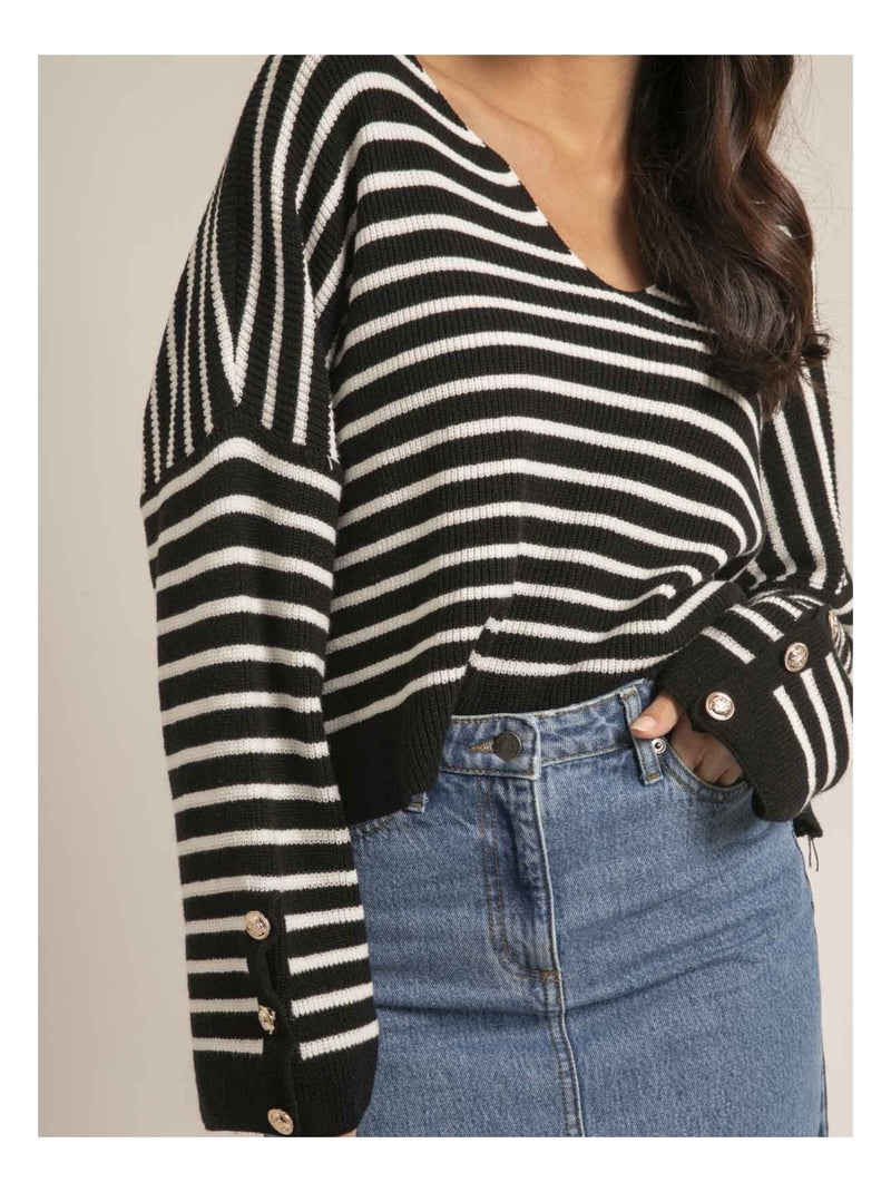 Pull à rayures col V KAPUCINE Noir - Kiabi