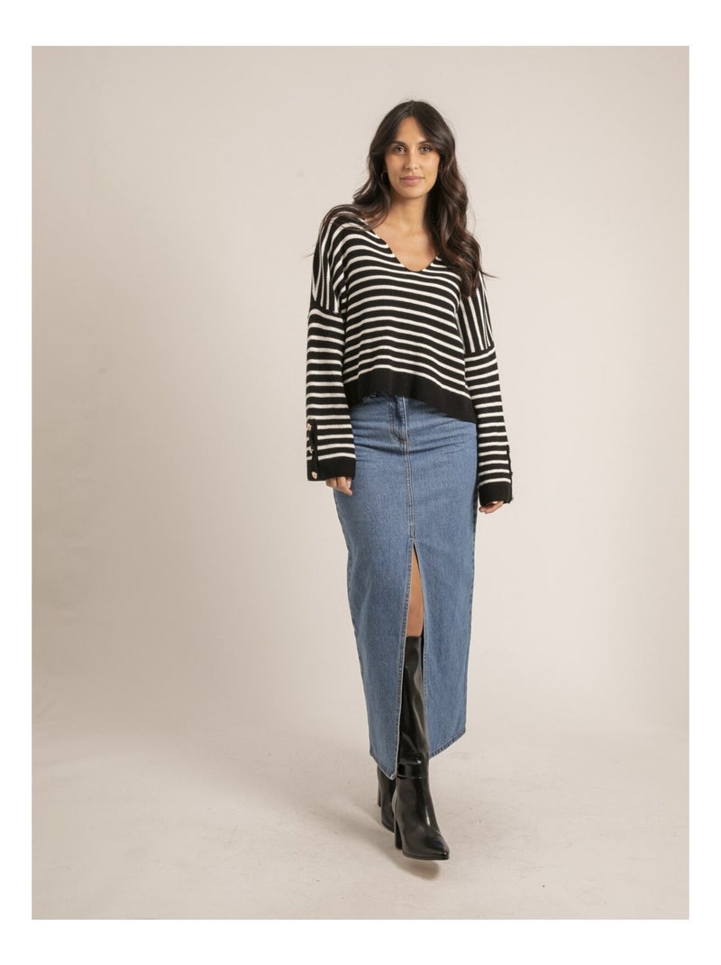 Pull à rayures col V KAPUCINE Noir - Kiabi