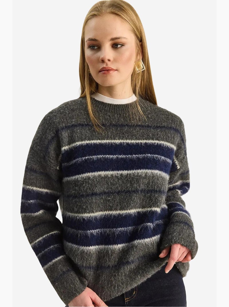 Pull à rayures et col rond en maille lucci Gris - Kiabi