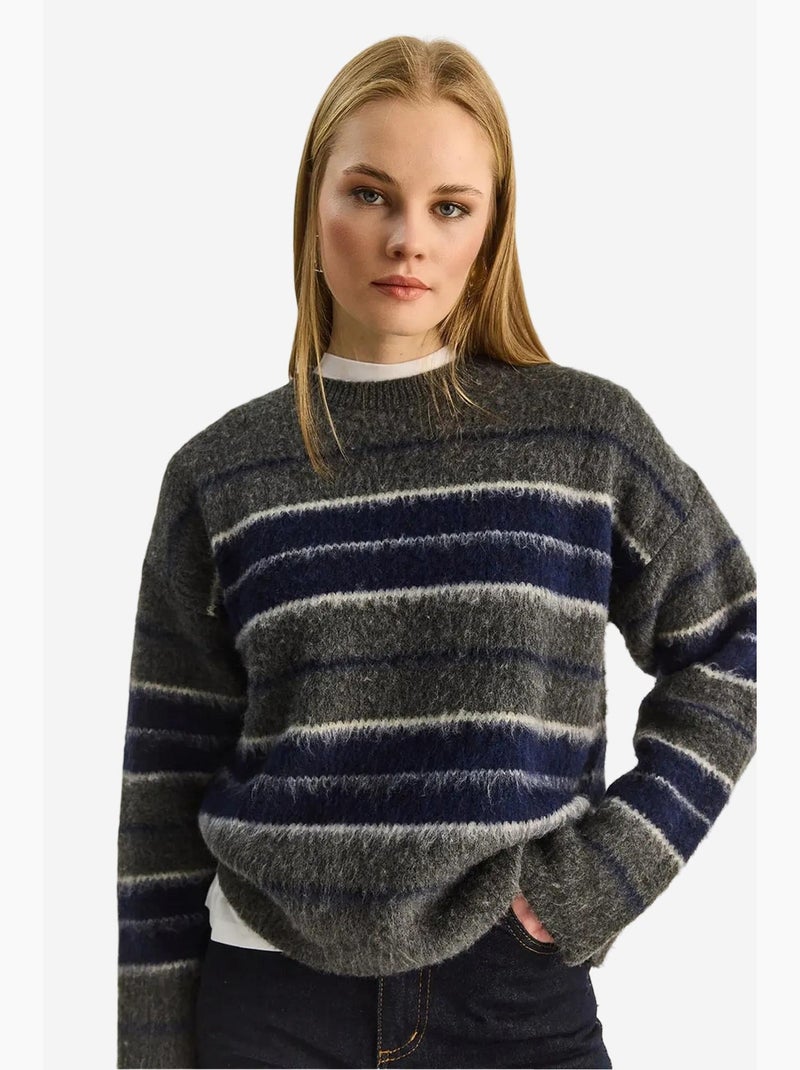 Pull à rayures et col rond en maille lucci Gris - Kiabi