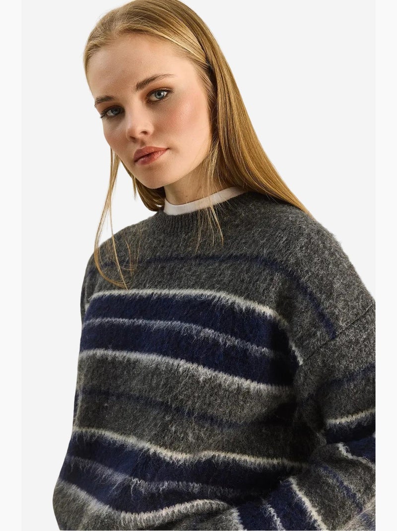 Pull à rayures et col rond en maille lucci Gris - Kiabi