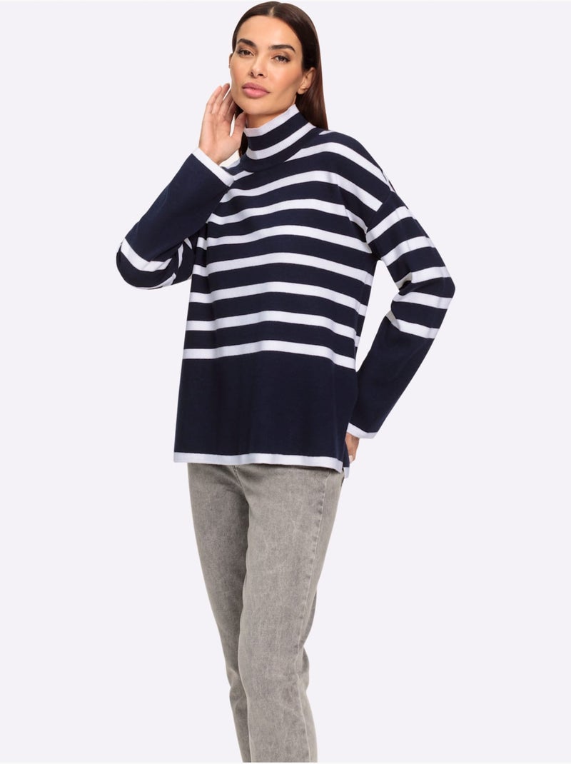 Pull à Rayures Motif à Rayures Mode - Taille Standard - Helline Ecru/Marine - Kiabi