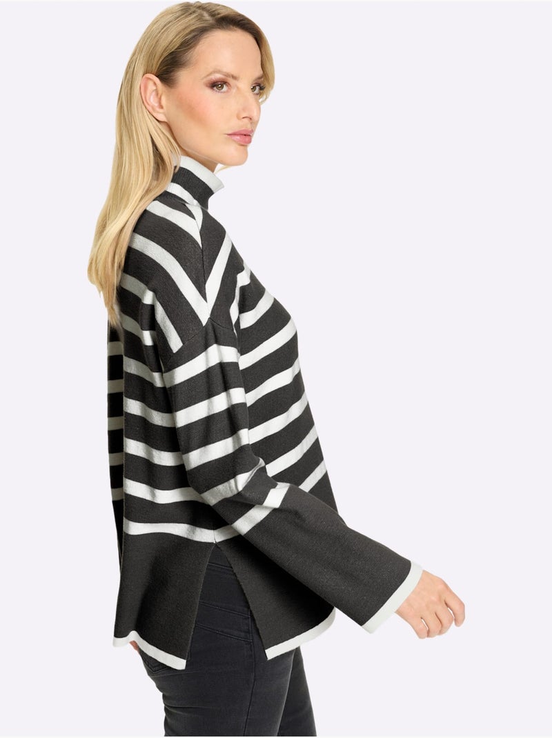 Pull à Rayures Motif à Rayures Mode - Taille Standard - Helline Noir Ecru - Kiabi