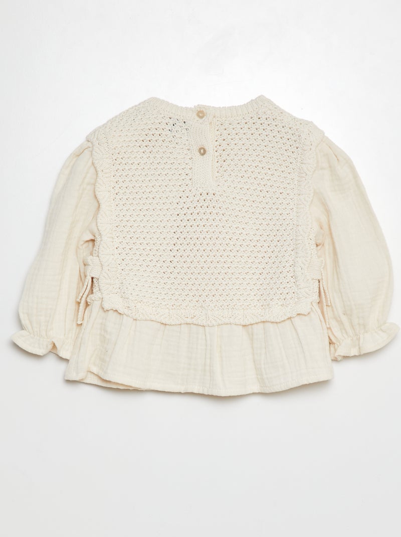 Pull à volants en maille ajourée BLANC - Kiabi