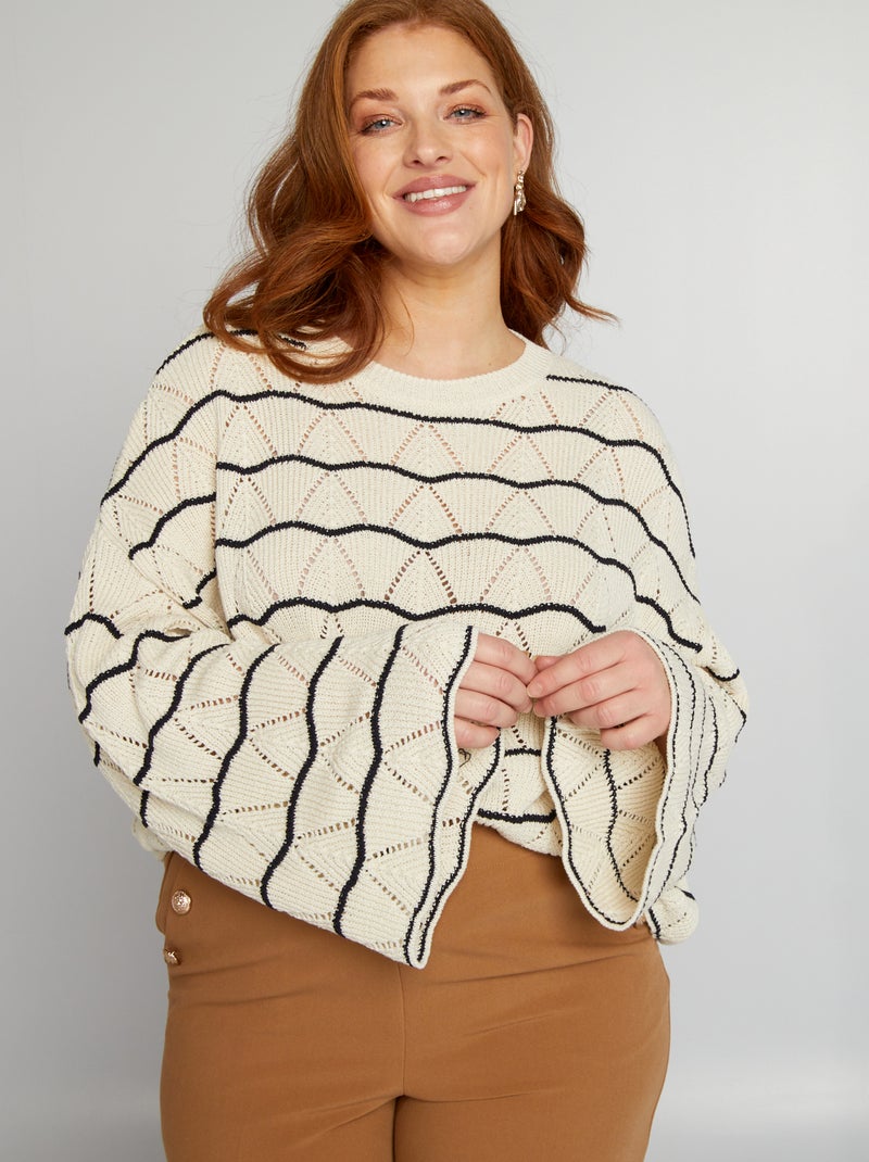 Pull ajouré à col rond Beige/bleu marine - Kiabi