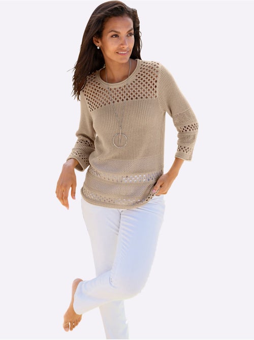 Pull ajouré à col rond et manches 3/4 avec motif tricoté - Taille standard - Witt - Kiabi