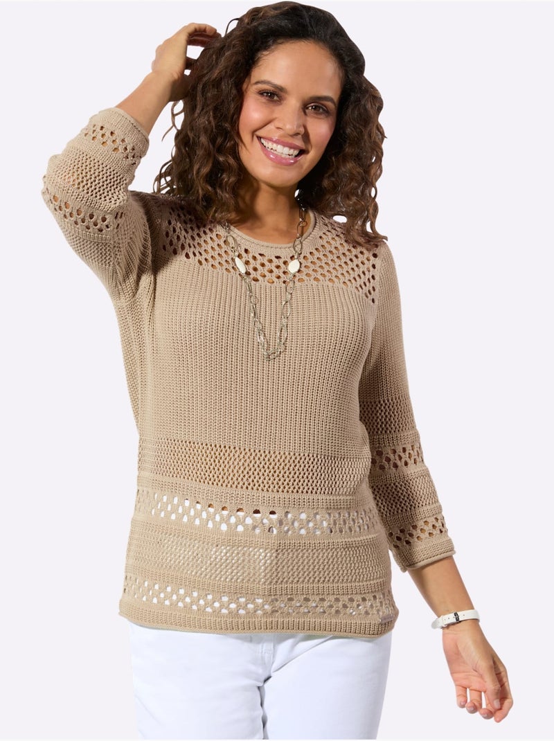 Pull ajouré à col rond et manches 3/4 avec motif tricoté - Taille standard - Witt Beige - Kiabi
