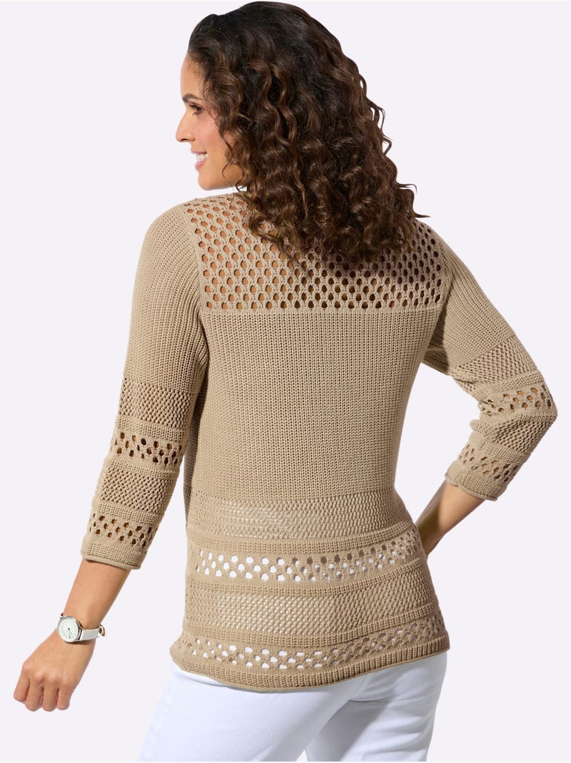 Pull ajouré à col rond et manches 3/4 avec motif tricoté - Taille standard - Witt Beige - Kiabi