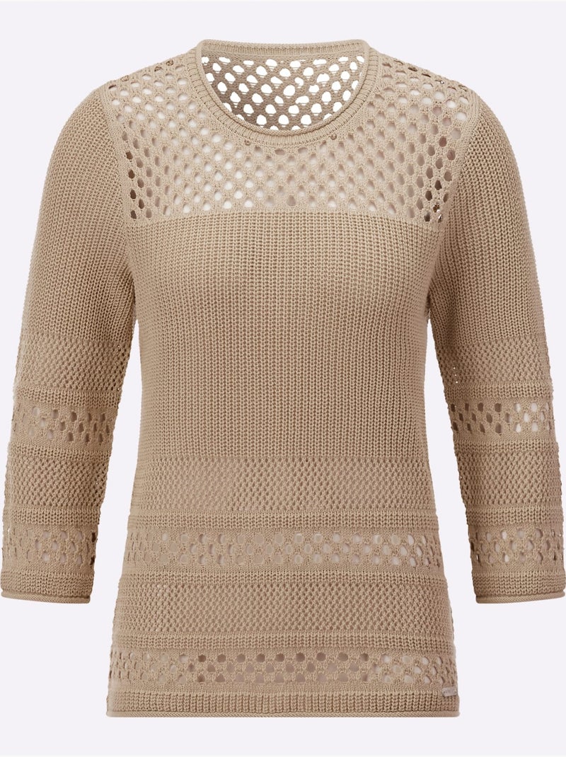 Pull ajouré à col rond et manches 3/4 avec motif tricoté - Taille standard - Witt Beige - Kiabi
