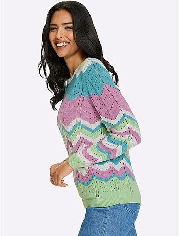 Pull ajouré à col rond et manches longues avec motif rayé - Taille standard - Moda Vilona