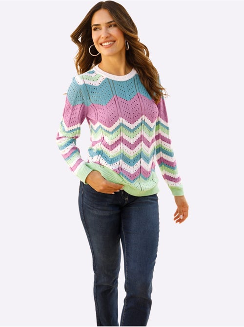 Pull ajouré à col rond et manches longues avec motif rayé - Taille standard - Moda Vilona - Kiabi Pull ajouré à col rond et manches longues avec motif rayé - Taille standard - Moda Vilona - Kiabi
