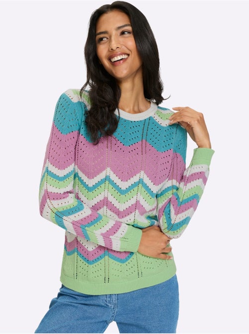 Pull ajouré à col rond et manches longues avec motif rayé - Taille standard - Moda Vilona - Kiabi Pull ajouré à col rond et manches longues avec motif rayé - Taille standard - Moda Vilona - Kiabi