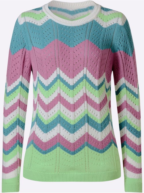 Pull ajouré à col rond et manches longues avec motif rayé - Taille standard - Moda Vilona - Kiabi Pull ajouré à col rond et manches longues avec motif rayé - Taille standard - Moda Vilona - Kiabi