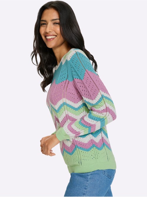 Pull ajouré à col rond et manches longues avec motif rayé - Taille standard - Moda Vilona - Kiabi Pull ajouré à col rond et manches longues avec motif rayé - Taille standard - Moda Vilona - Kiabi