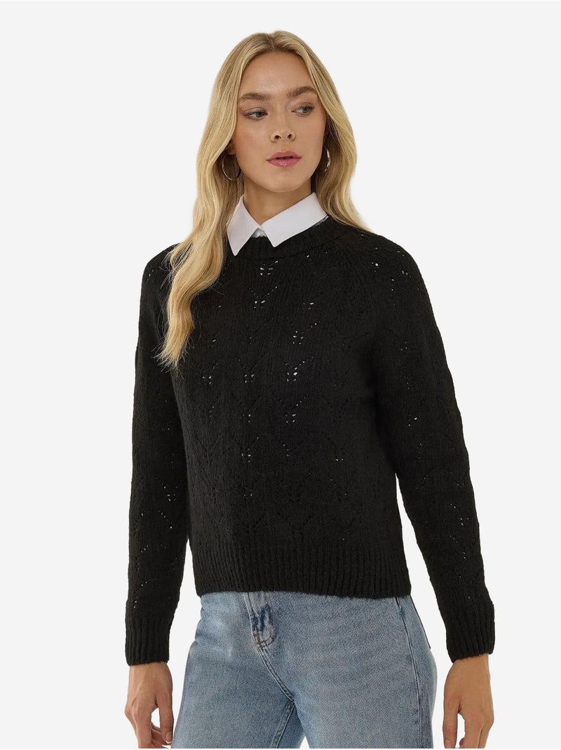 Pull ajouré à col rond Noir - Kiabi