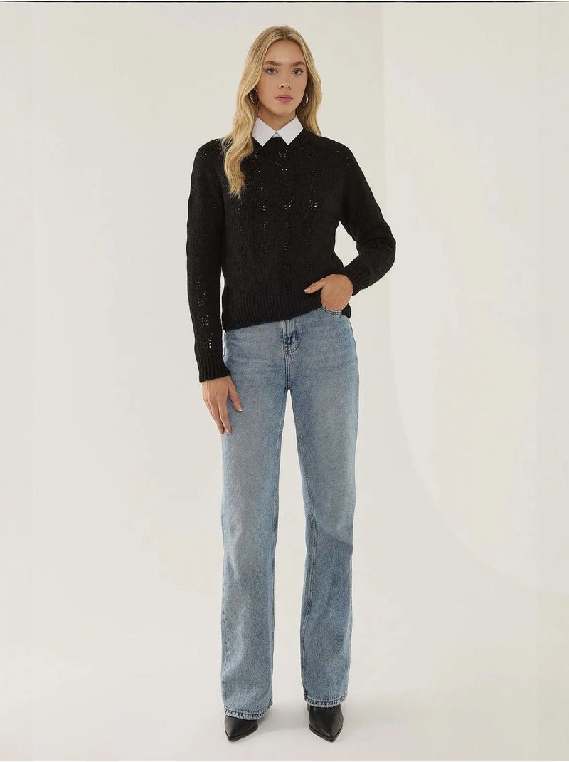 Pull ajouré à col rond Noir - Kiabi