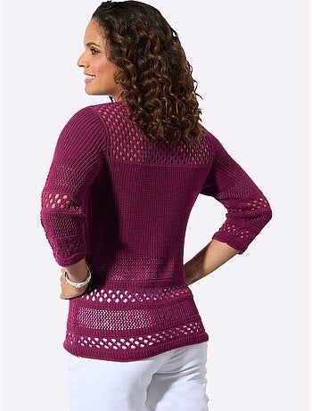 Pull ajouré à encolure ronde et manches 3/4 avec motif tricoté varié - Taille standard - Witt