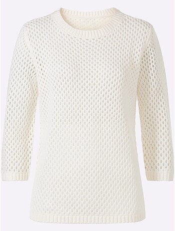 Pull ajouré à encolure ronde et manches 3/4 en maille légère - Taille standard - Moda Vilona