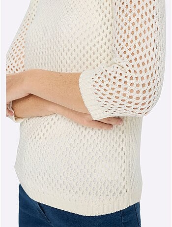 Pull ajouré à encolure ronde et manches 3/4 en maille légère - Taille standard - Moda Vilona