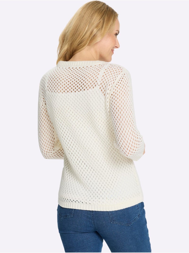 Pull ajouré à encolure ronde et manches 3/4 en détail léger - Taille standard - Moda Vilona Blanc - Kiabi