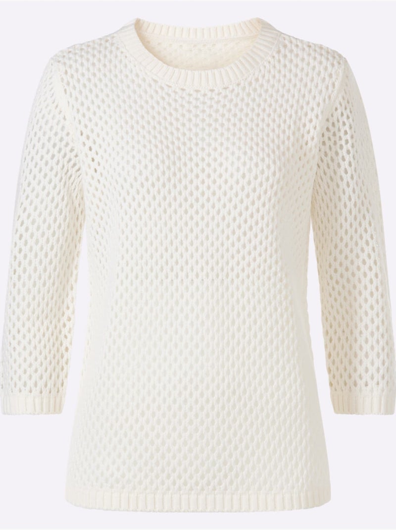 Pull ajouré à encolure ronde et manches 3/4 en détail léger - Taille standard - Moda Vilona Blanc - Kiabi