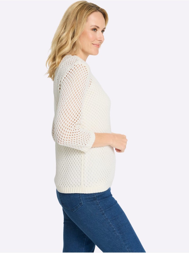 Pull ajouré à encolure ronde et manches 3/4 en détail léger - Taille standard - Moda Vilona Blanc - Kiabi