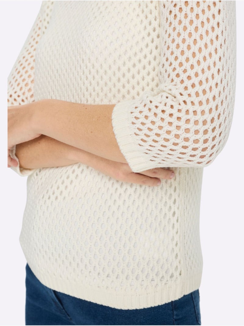 Pull ajouré à encolure ronde et manches 3/4 en détail léger - Taille standard - Moda Vilona Blanc - Kiabi