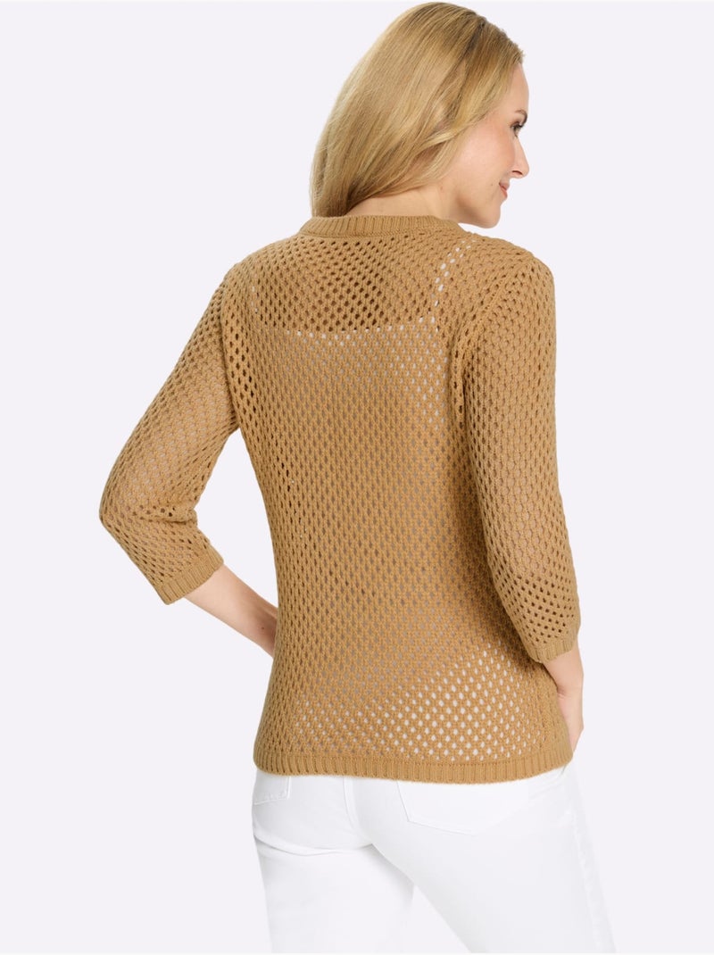 Pull ajouré à encolure ronde et manches 3/4 en maille légère - Taille standard - Moda Vilona Doré - Kiabi