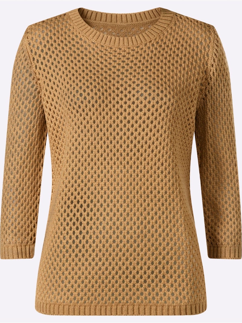 Pull ajouré à encolure ronde et manches 3/4 en maille légère - Taille standard - Moda Vilona Doré - Kiabi